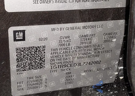 2020 GMC Sierra 1500 4Wd Standard Box Elevation z USA, uszkodzony, nr VIN 1GTR9CED3LZ242002